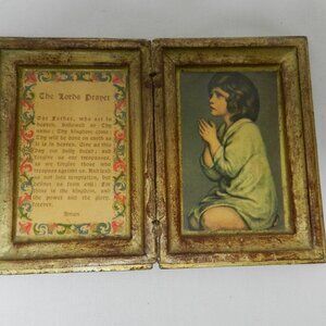Vintage Italy Florentine The Lords Prayer wood trinket box gold pink 5.5" x 3.5"